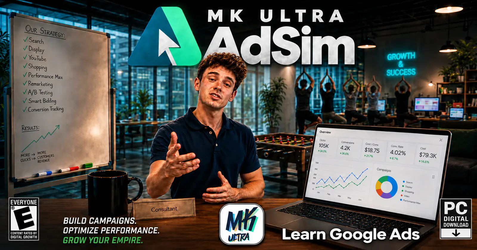 Carátula de Mk Ultra AdSim: un consultor trabaja en campañas en su oficina