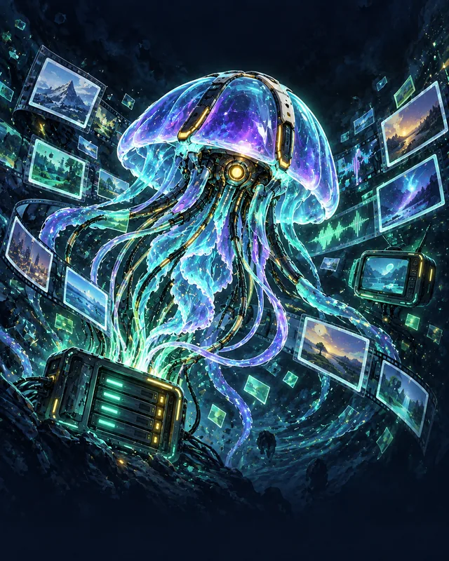 Medusa cibernética conectada a un servidor y a una biblioteca de vídeo y música.