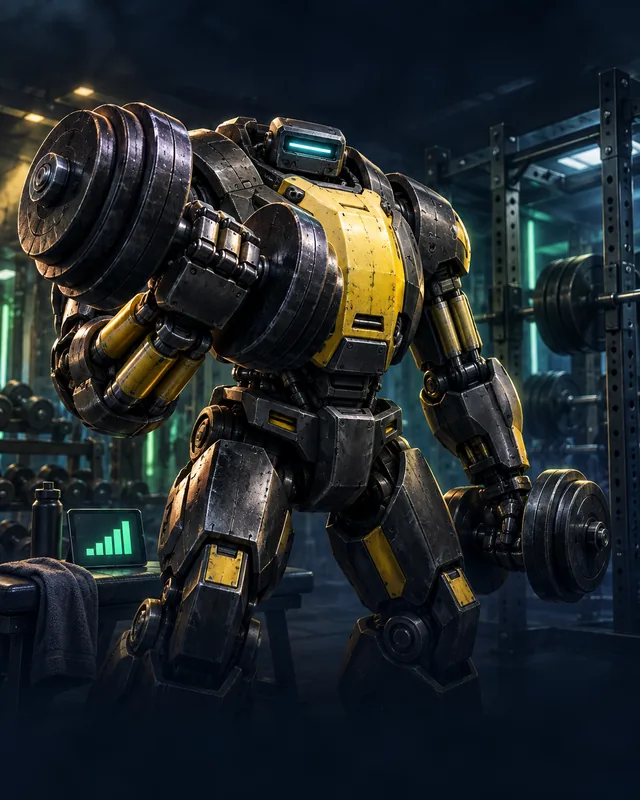 Robot de gimnasio robusto, de acero oscuro y pecho amarillo, levantando mancuernas con brazos hidráulicos junto a un registro de progreso.