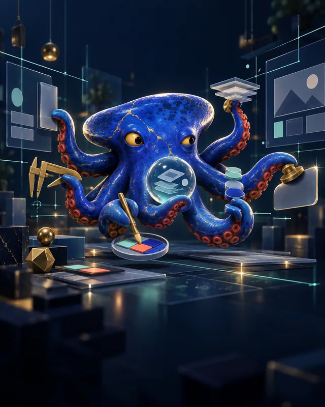 Pulpo cerámico azul que coordina herramientas de diseño y paneles de interfaz