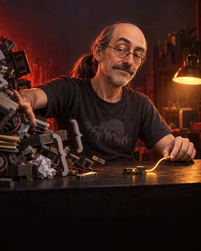 Programador senior con gafas y coleta desmontando una máquina de código innecesariamente compleja