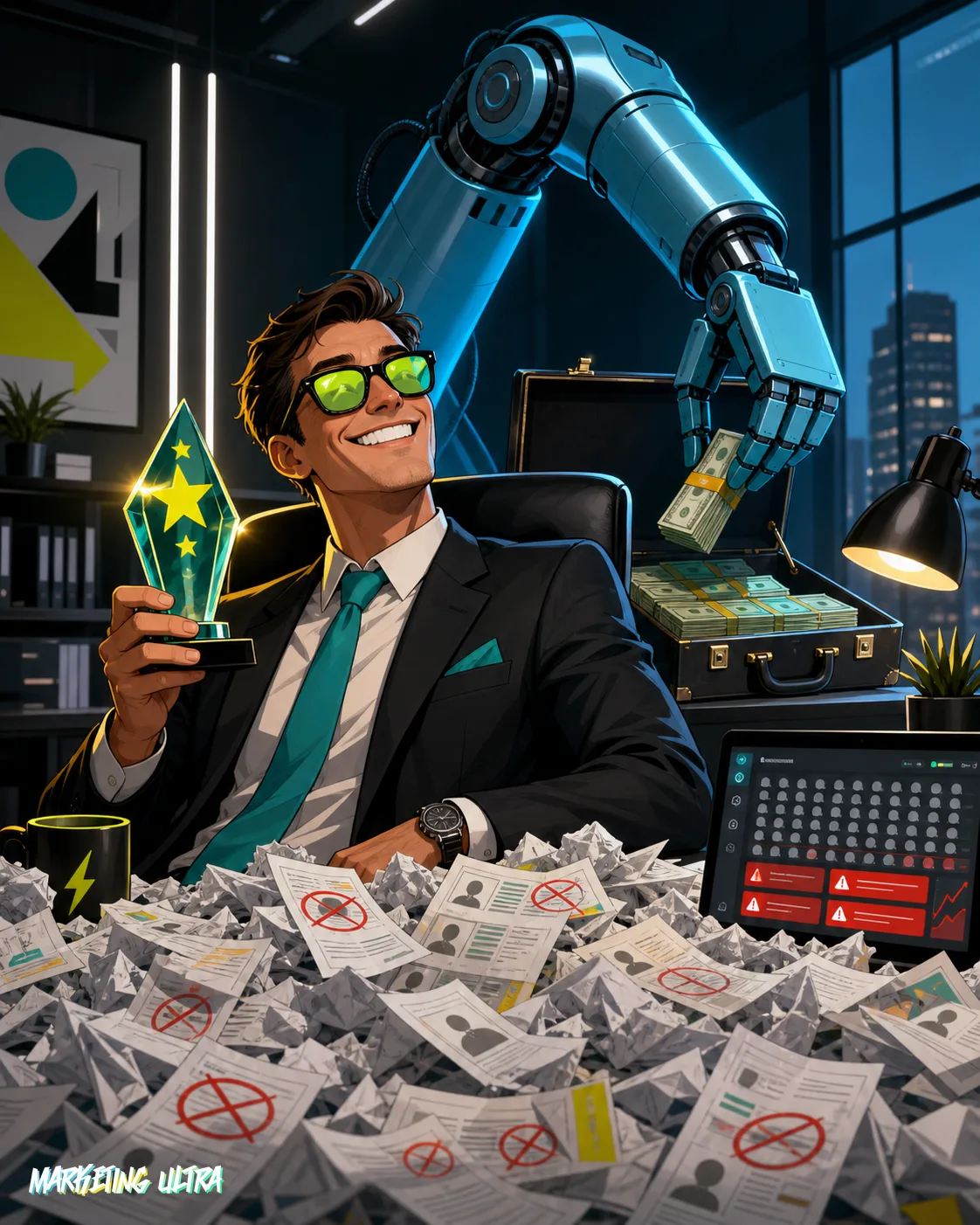 Ironic illustration: a marketing executive hands the steering wheel to a grinning social-media-branded robot. The car GPS destination reads 'Junk Leads' while the back seat overflows with crumpled lead-capture forms.