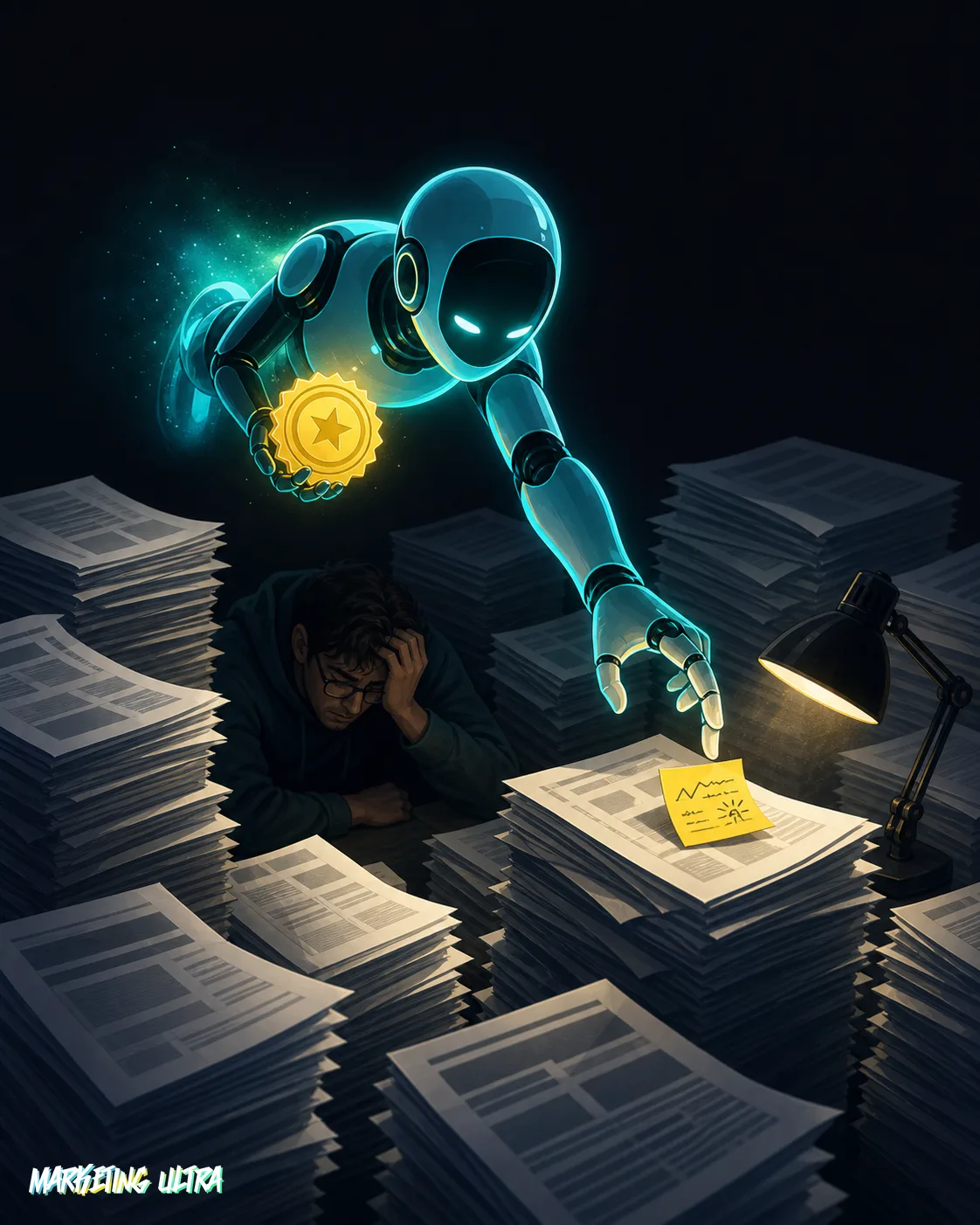 Ilustración de un marketer sepultado bajo pilas de guías genéricas mientras un asistente de IA ignora toda la montaña de papel y cita una sola nota con datos reales y opinión propia.