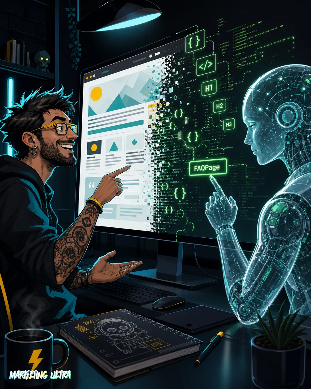 Escritor orgulloso señalando una web cuidadosamente diseñada mientras un robot traslúcido ve la misma pantalla como código JSON-LD y etiquetas de schema, ignorando por completo la prosa y el diseño visual
