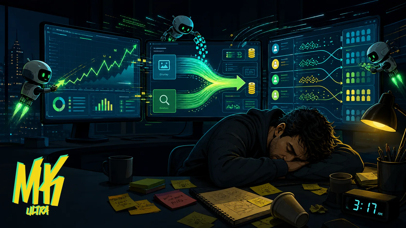 Profesional de marketing dormido en su escritorio mientras tres monitores detrás muestran agentes de IA redistribuyendo presupuesto y gestionando pujas de forma autónoma a las 3 de la madrugada.