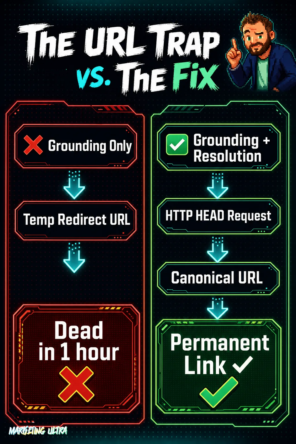 Two-column diagram: left side shows grounding without redirect resolution producing a temporary URL that dies within one hour; right side shows grounding plus an HTTP HEAD request resolving to a permanent canonical URL.