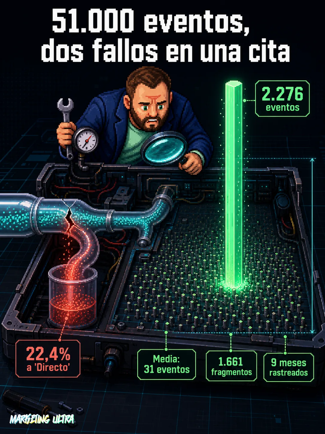 Mascota examina AI Overview diseccionado: un fragmento con 2.276 eventos domina sobre 1.661 fuentes y el 22,4% del tráfico se pierde en canal equivocado