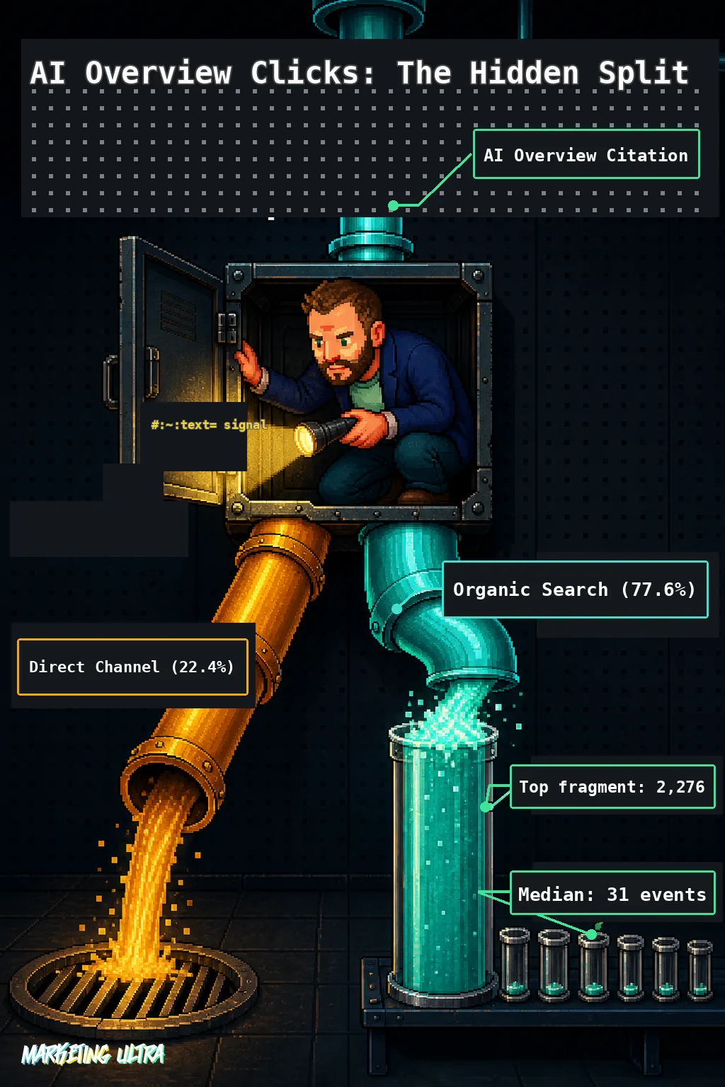 Pipe cross-section diagram: 22.4% of AI Overview traffic drains to the Direct channel while one towering cylinder dwarfs dozens of near-empty vials representing the median fragment.