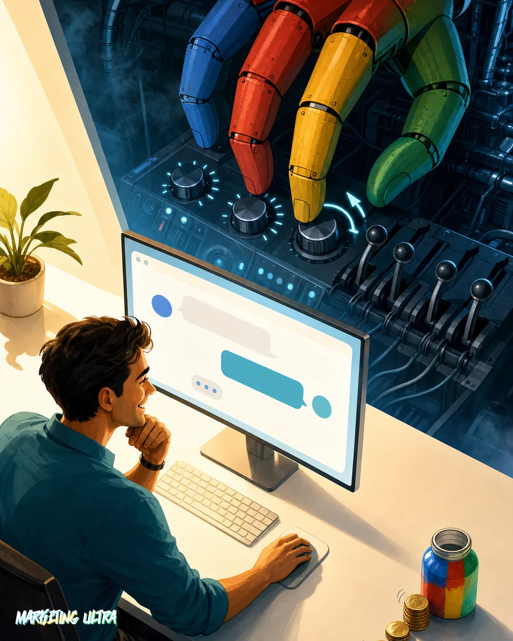 Ilustración editorial: un profesional de marketing sonríe ante un chat de IA mientras, oculta tras la pantalla, una mano mecánica en los colores de Google gira diales de presupuesto y desliza monedas hacia un tarro con su logo.