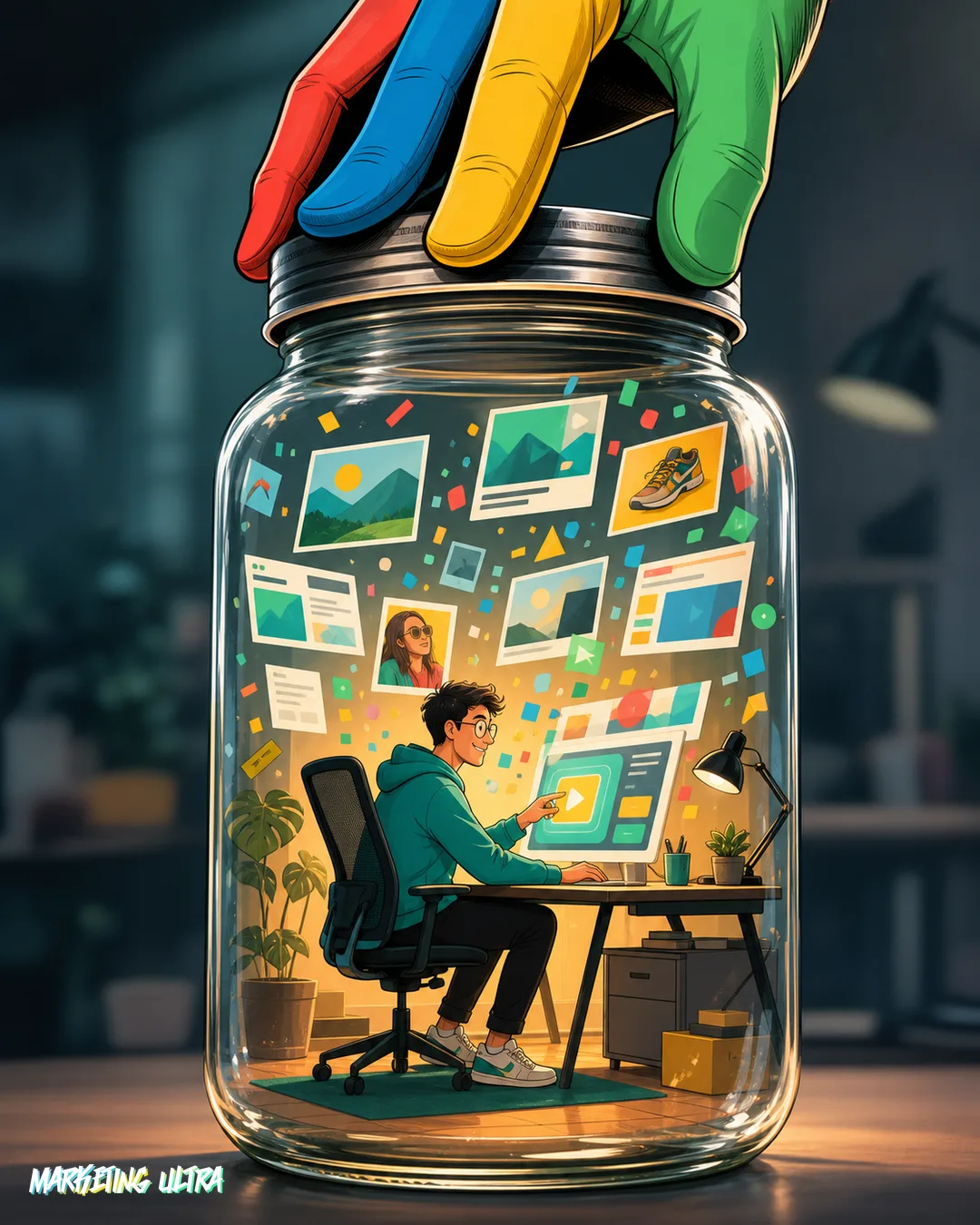 Satirical illustration: a smiling marketer working inside a glass box labeled 'Google Ecosystem,' while bid controls, a creative brief, and a distribution dial lie discarded in a dusty pile outside.