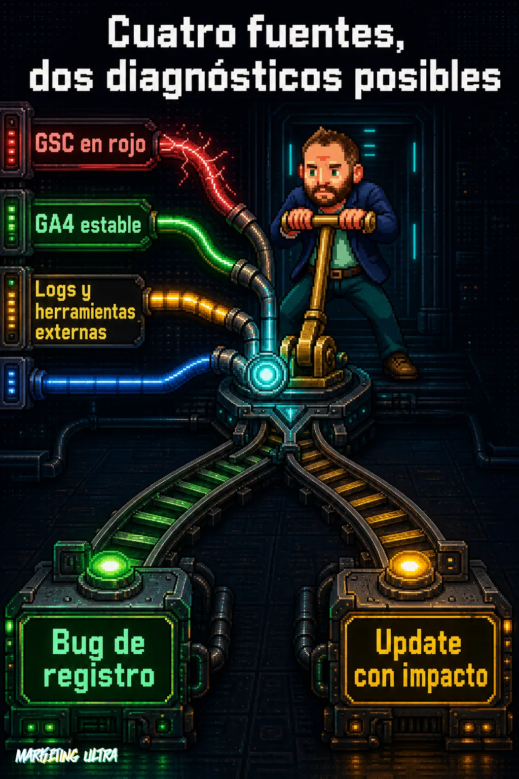 Sala de control arcade: cuatro fuentes convergen en una bifurcación entre 'Bug de registro' y 'Update con impacto'.