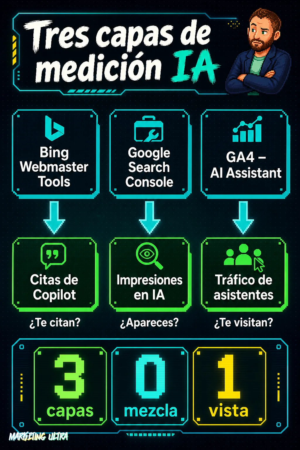Diagrama de tres columnas comparando Bing Webmaster Tools, Google Search Console y GA4 como capas de medición de visibilidad en IA, cada una con su métrica propia.