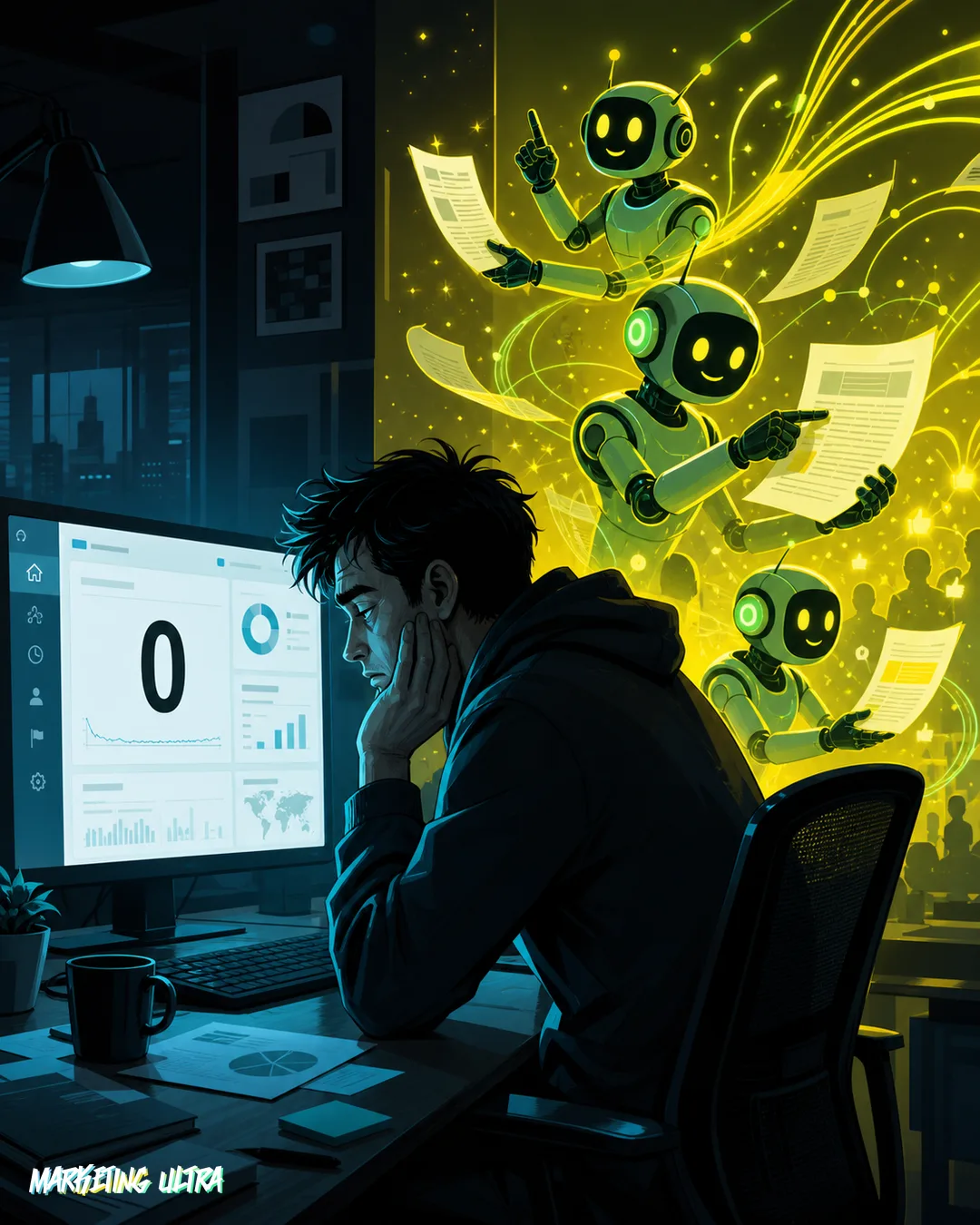 Editorial illustration: a marketer celebrates a glowing '61 AI Citations' trophy while behind them an empty, cobwebbed analytics dashboard displays 0 visits in cold red light.