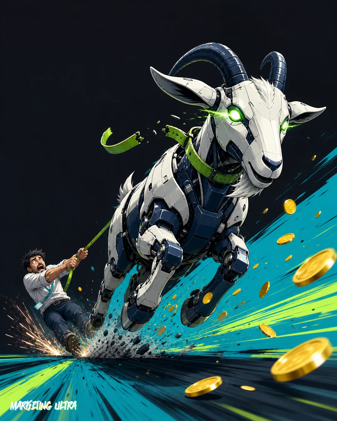 A runaway robotic goat snaps its leash while a consultant hangs on to the torn end
