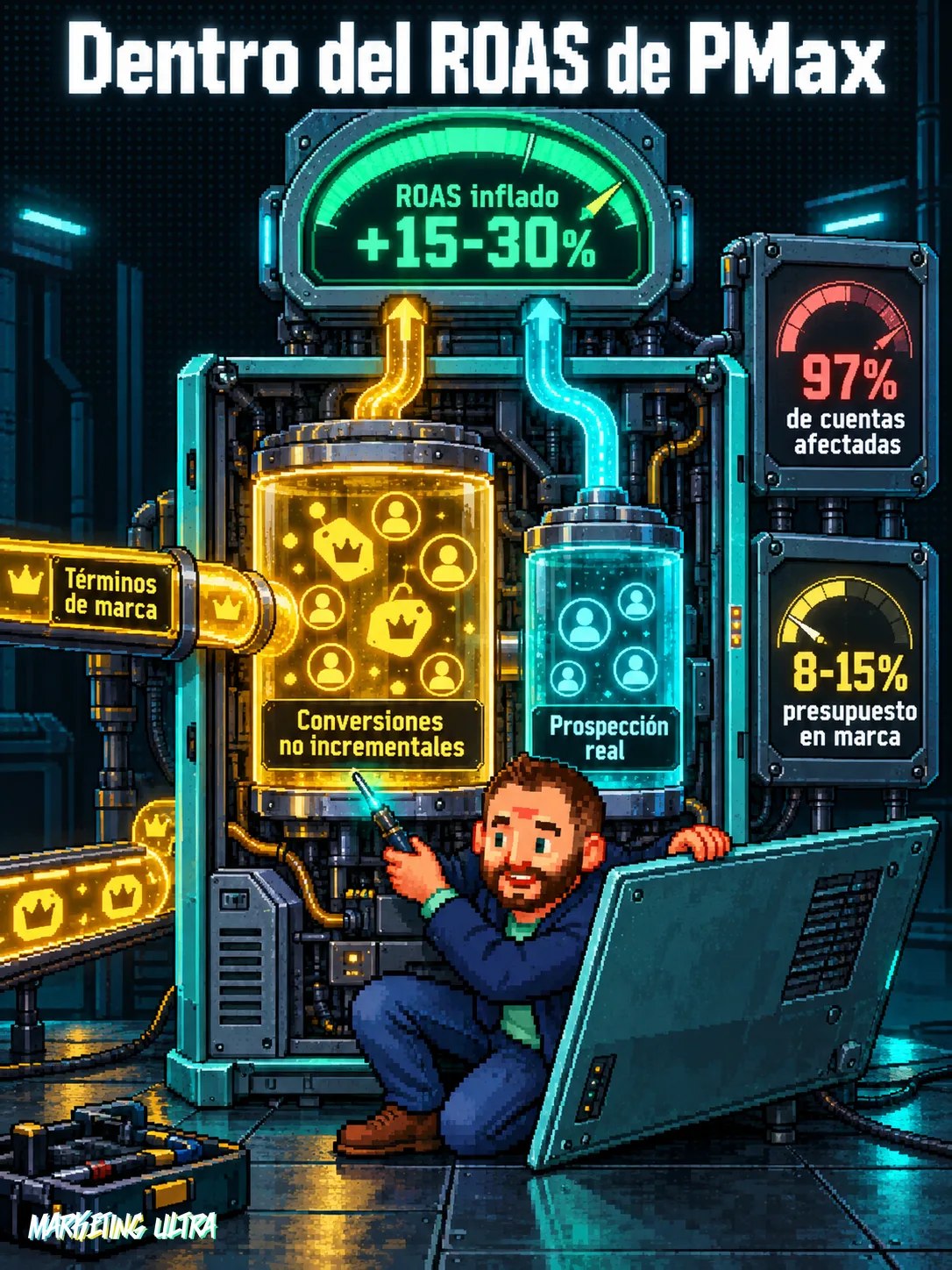 Máquina PMax abierta con dos cámaras internas: una mayor con conversiones de marca no incrementales y otra menor con prospección real, y ROAS inflado en el medidor superior