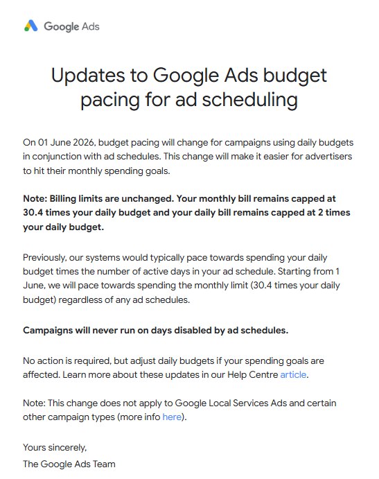 Screenshot of Google Ads email about the budget pacing change with ad scheduling