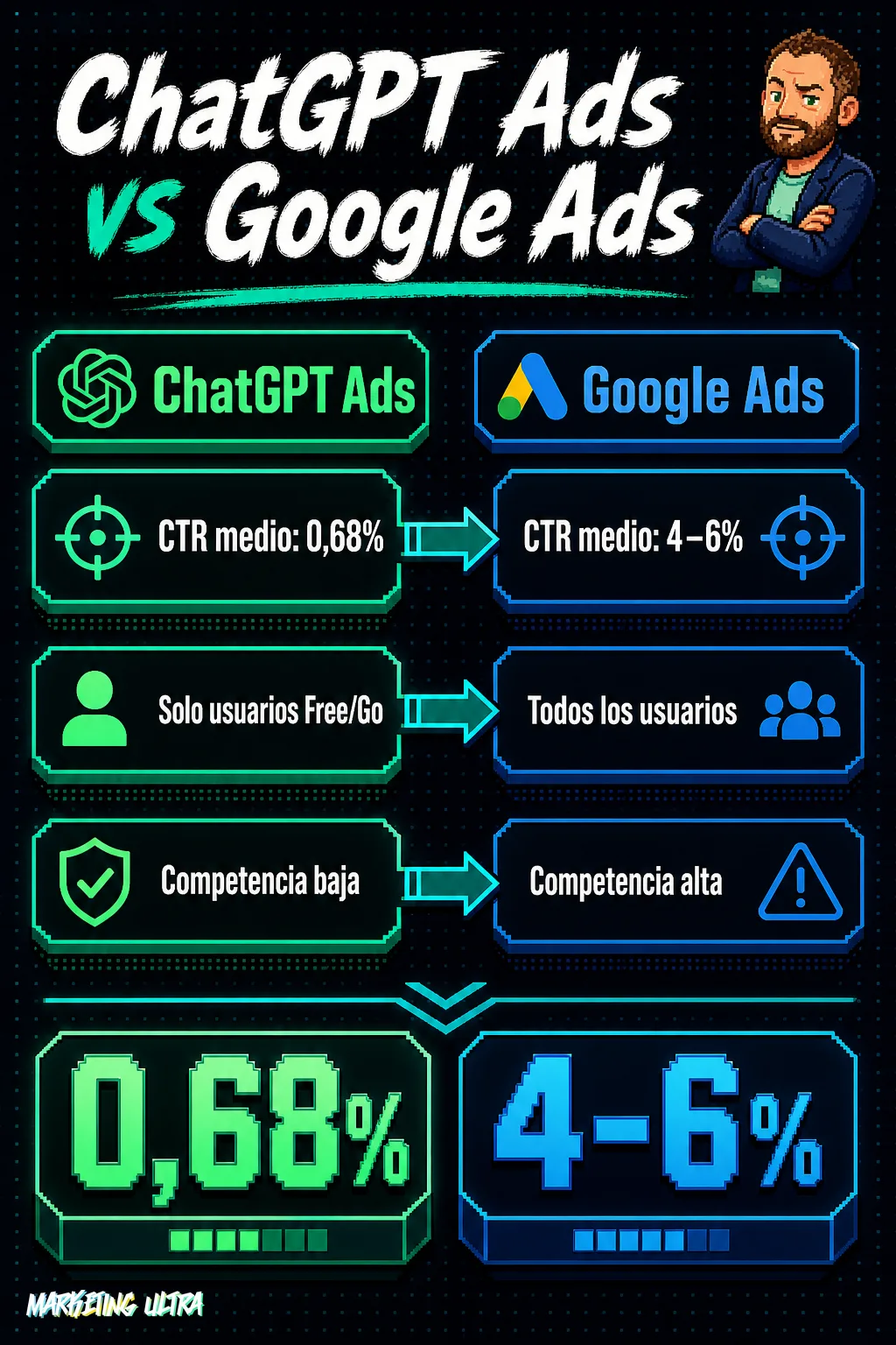 Tabla comparativa de ChatGPT Ads frente a Google Ads con tres filas: CTR medio (0,68 % vs 4–6 %), audiencia objetivo (solo usuarios Free/Go vs todos los usuarios) y nivel de competencia (baja vs alta).