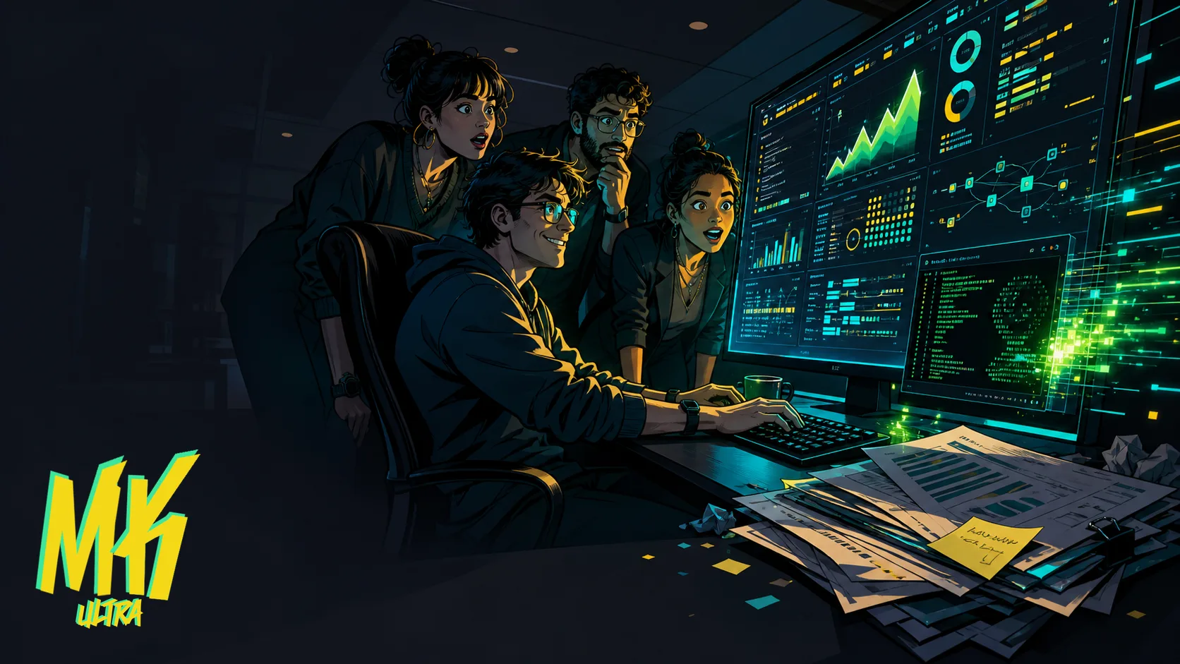 Equipo de marketing congregado ante un monitor con un dashboard de Artifacts en tiempo real; informes impresos y archivos en papel apilados a un lado, desplazados por el nuevo espacio de trabajo compartido.