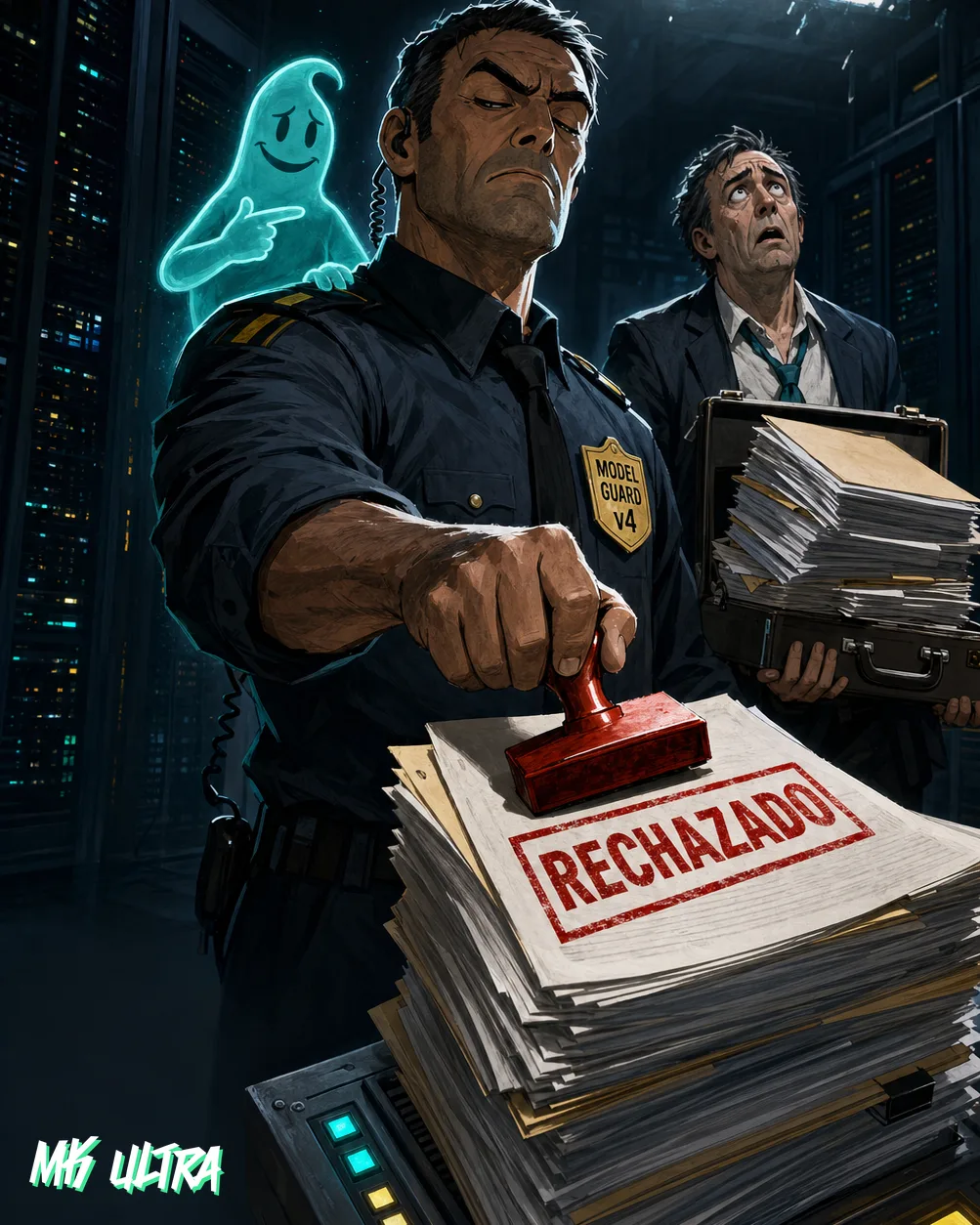 Quality-control inspector discards a completed Opus job over a tiny Haiku sticky note while server racks burn compute in the background — visual metaphor for ghost model contamination corrupting AI pipeline guards