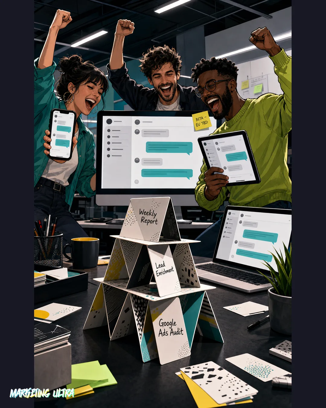 Editorial illustration of five marketing professionals feverishly collaborating around a floating AI interface, while the strategy whiteboard behind them remains completely blank.