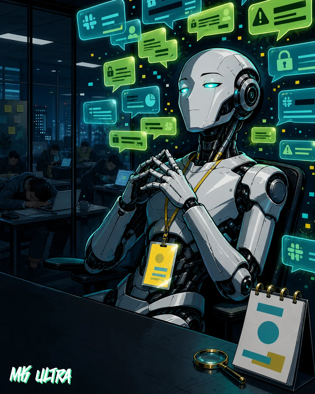 Robot con chapa de 'Nuevo empleado' leyendo burbujas de Slack confidenciales en una oficina vacía a las 3am mientras el equipo de marketing duerme sin saber que sus conversaciones se indexan en tiempo real.