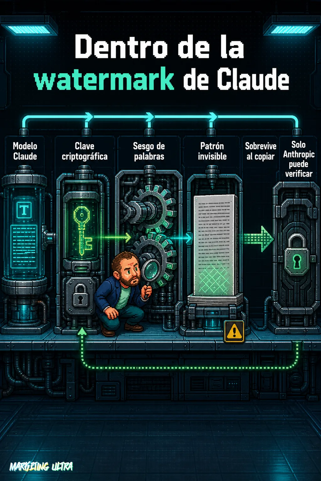 Diagrama de la cadena interna de la watermark de Claude: clave criptográfica, sesgo léxico y patrón invisible en el texto final