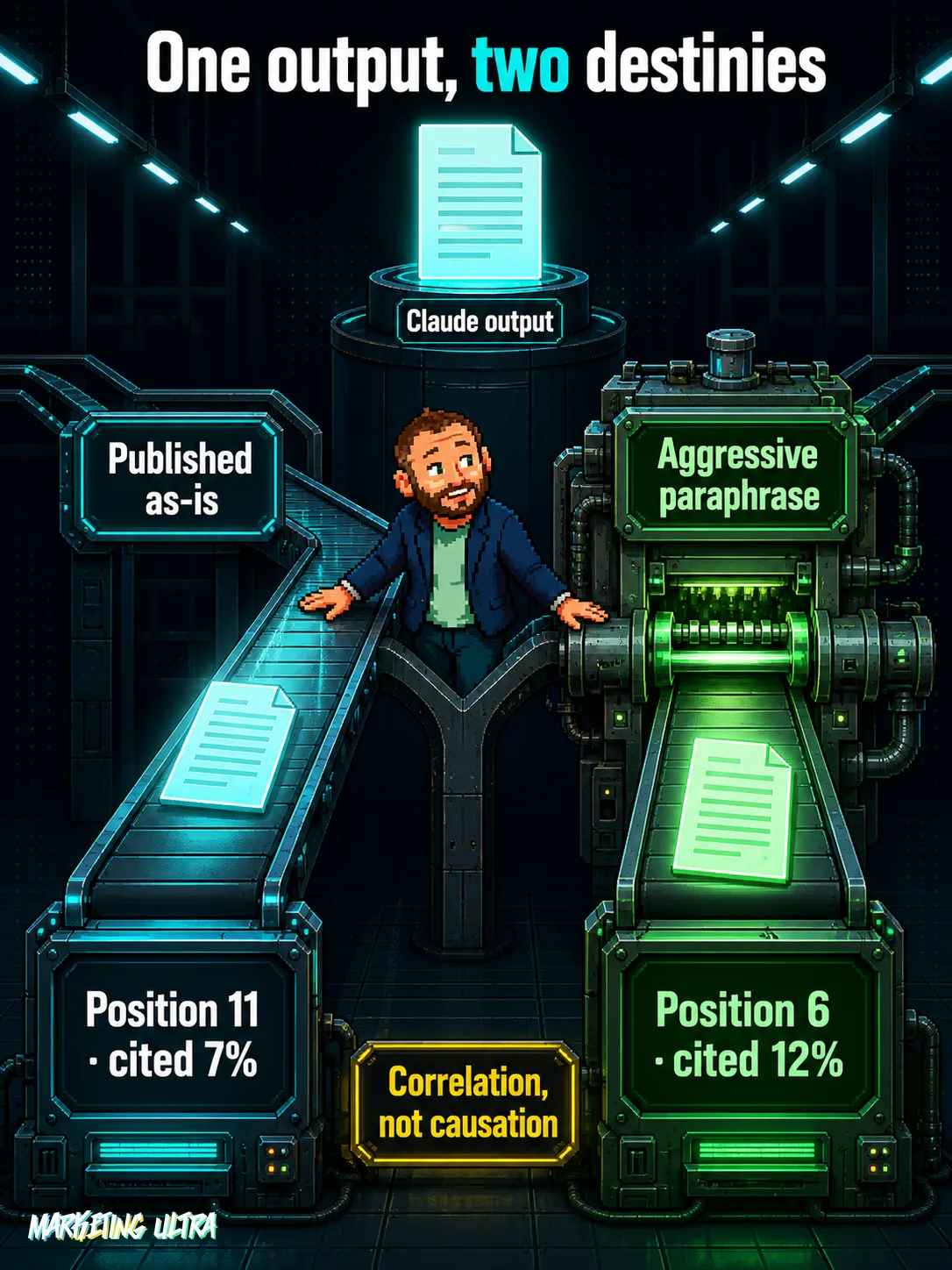 Fork infographic: same Claude output, two paths. Publish as-is → position 11, cited 7%. Paraphrase aggressively → position 6, cited 12%.