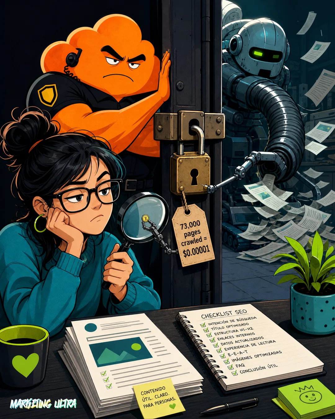 A publisher at a desk covered in GEO strategy notes as a massive orange padlock slams shut on a steel door marked 'AI Crawler Access,' with robotic spider silhouettes pressing against the frosted glass from outside.