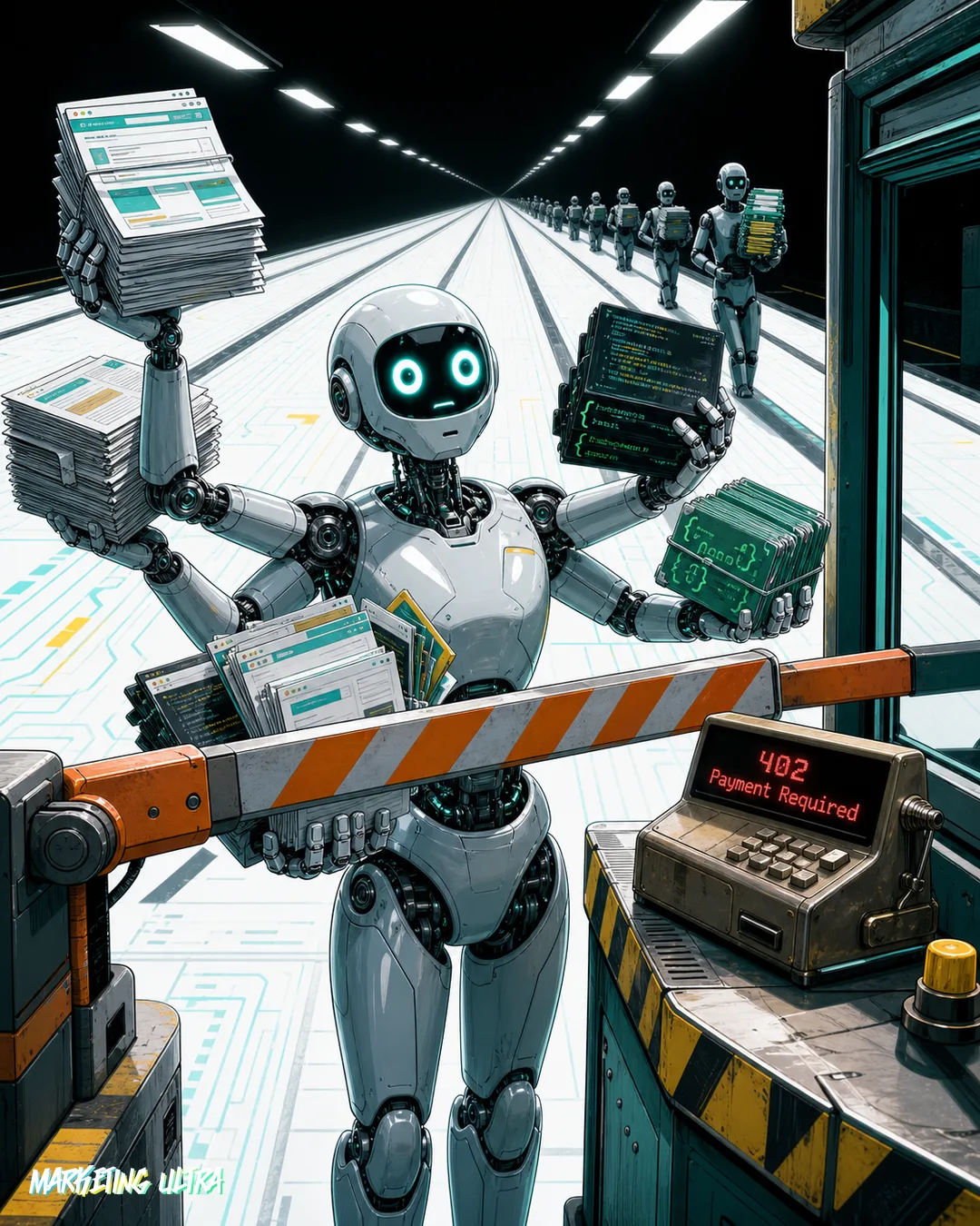 Robot con seis brazos cargados de páginas web y datos detenido ante una barrera de peaje naranja; una caja registradora muestra '402 Payment Required' mientras el robot evalúa si el contenido que lleva vale el precio.