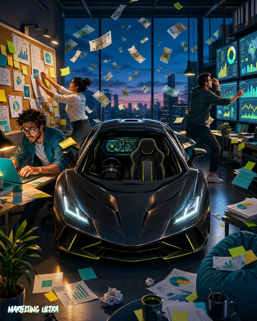 Un coche de lujo encendido en medio de una oficina de marketing: tres empleados ocupadísimos a su alrededor pero el asiento del conductor vacío y billetes escapando por la ventana.