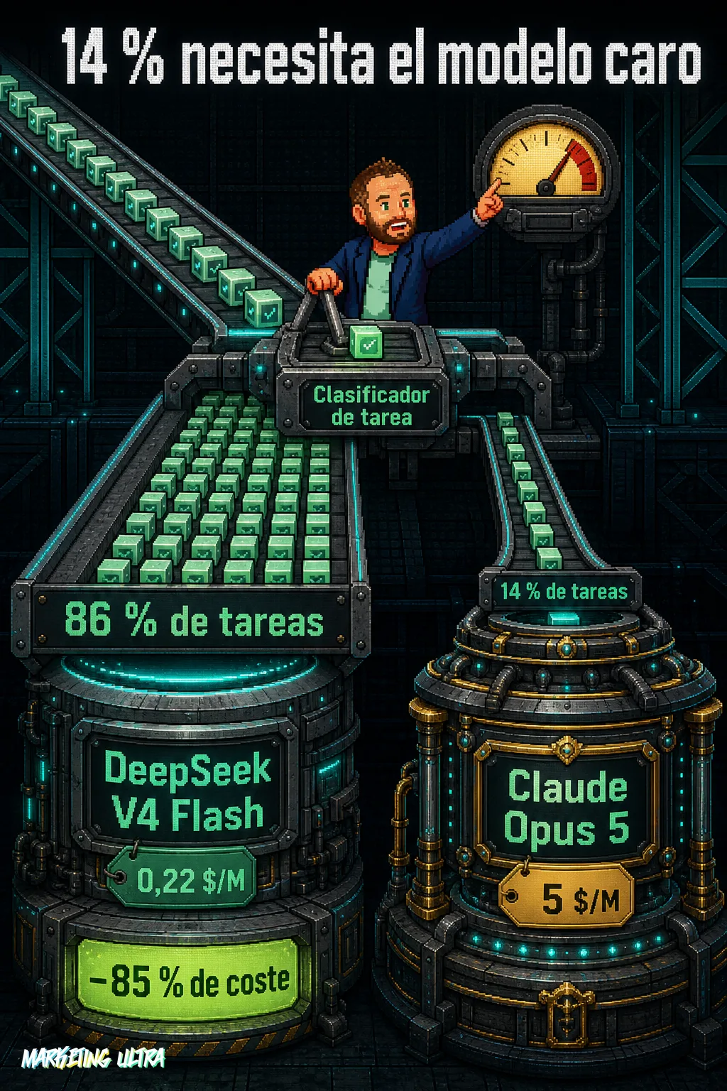 Clasificadora industrial: 86 % de tareas al canal barato (DeepSeek V4 Flash, 0,22 $/M) y 14 % al caro (Opus 5, 5 $/M); ahorro de −85 %