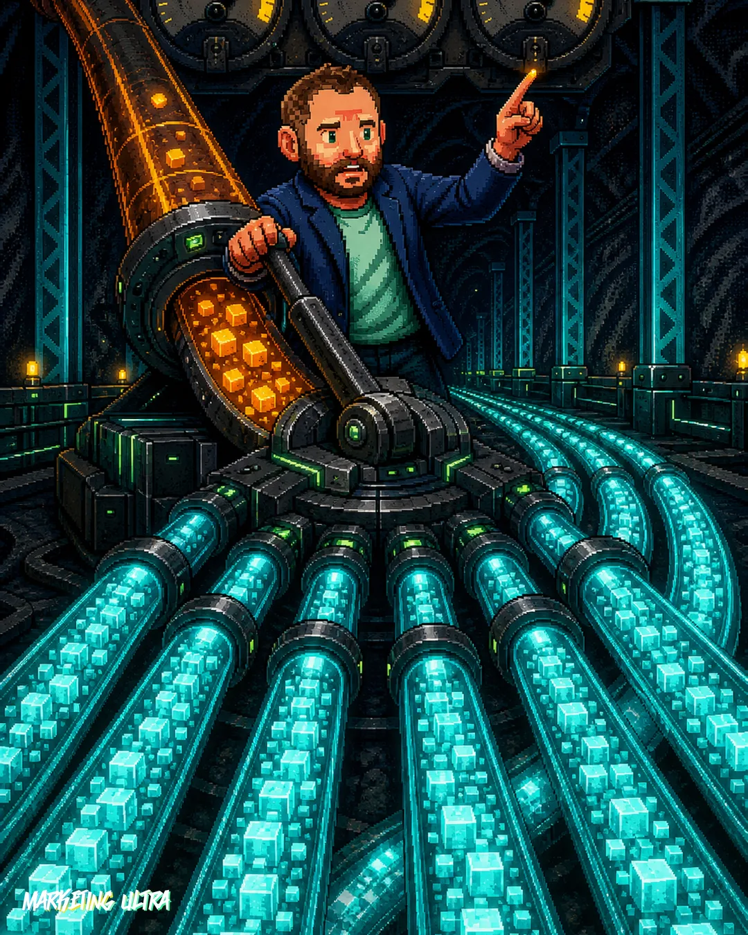 Mascot opens a savings-promise machine's floor panel to reveal parallel conveyor belts multiplying token consumption inside.