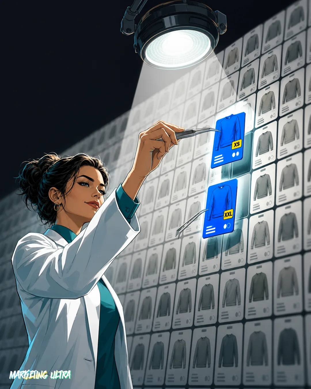 Ilustración editorial de una figura con bata de laboratorio que extrae con pinzas quirúrgicas dos tarjetas de producto concretas —talla XS y XXL en azul— de una enorme pared iluminada con cientos de variantes idénticas.