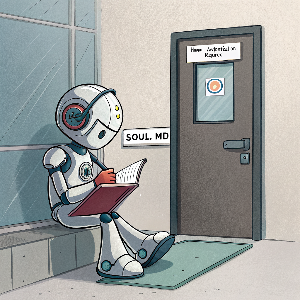 A robot apprentice takes frantic notes and stops at a locked SOUL.md door requiring human authorization