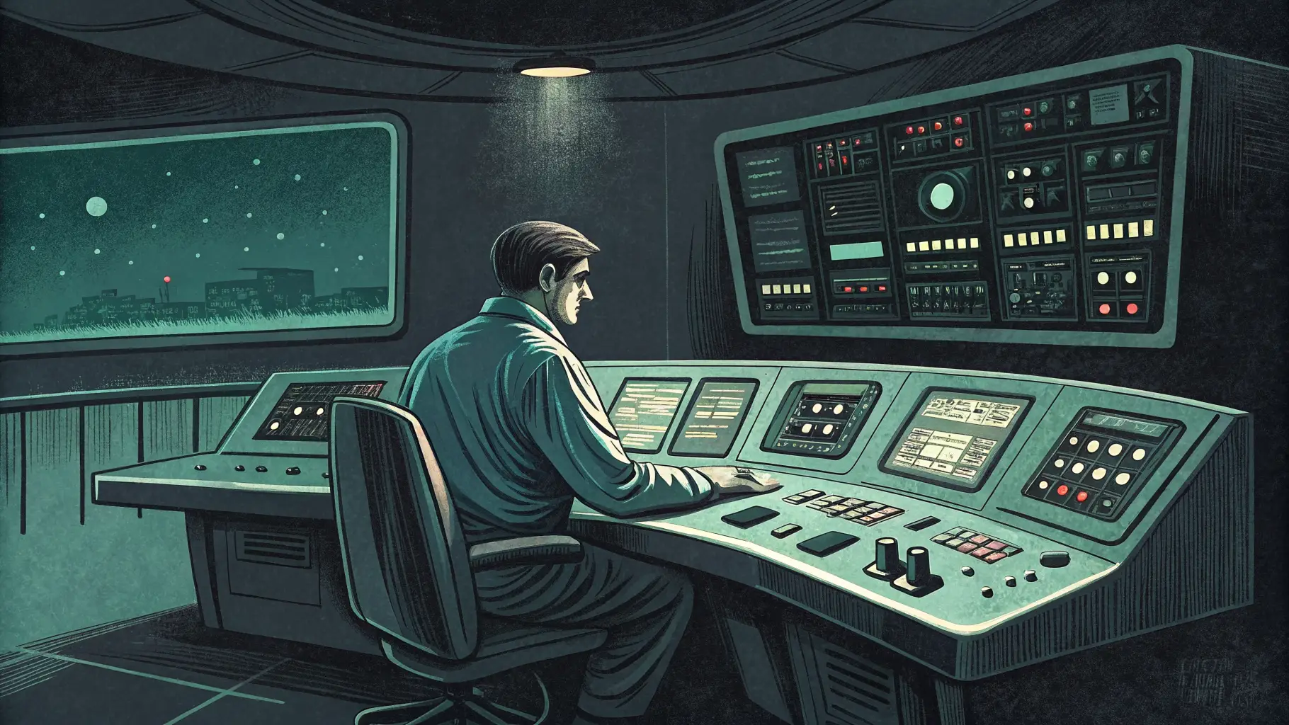 Imagen conceptual: un especialista en una sala de control analógica mientras una pantalla automática toma decisiones sin permiso