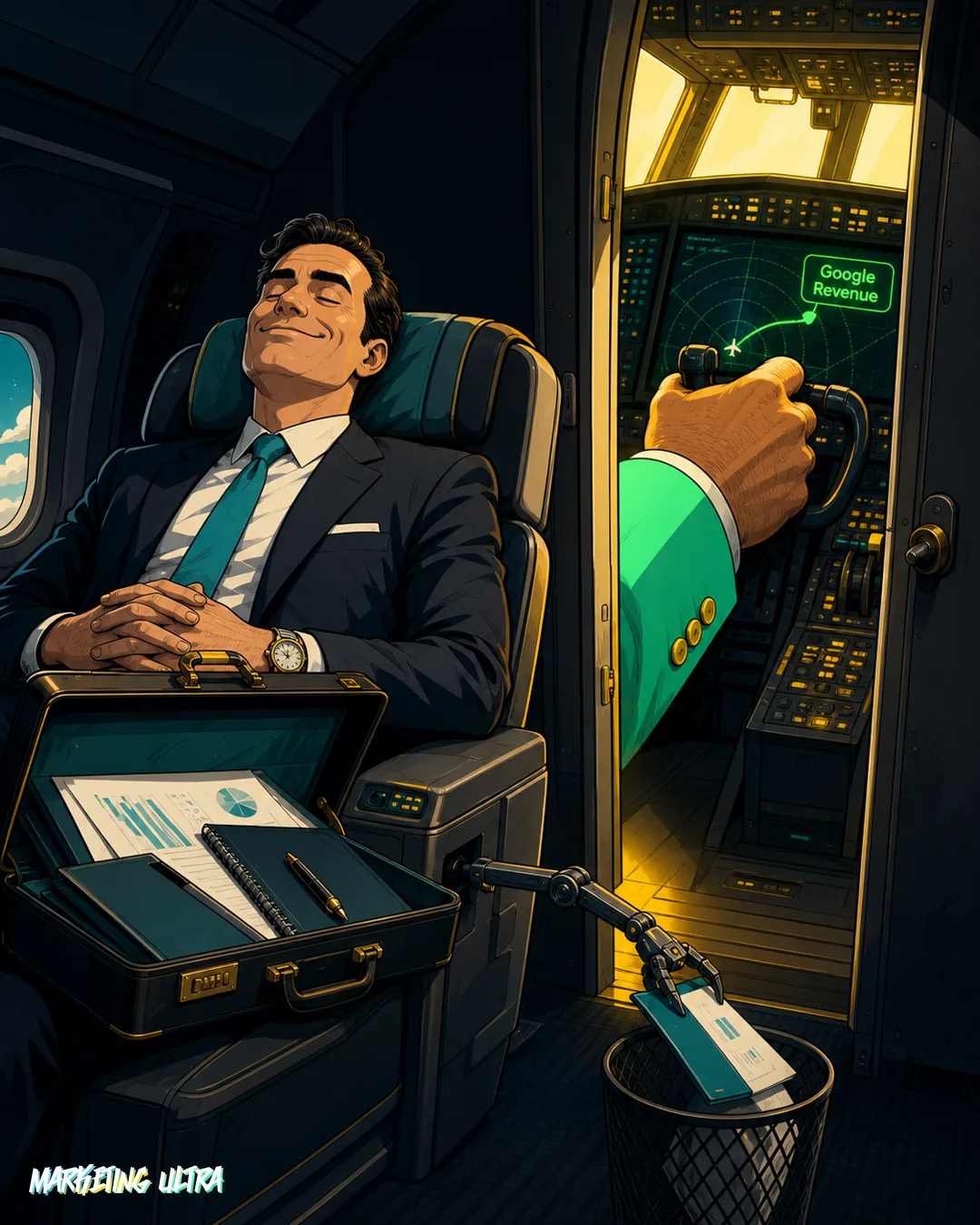 Ilustración editorial de un ejecutivo convencido de pilotar su publicidad mientras una mano corporativa toma los mandos en la sombra y vacía su presupuesto sin que él lo advierta.