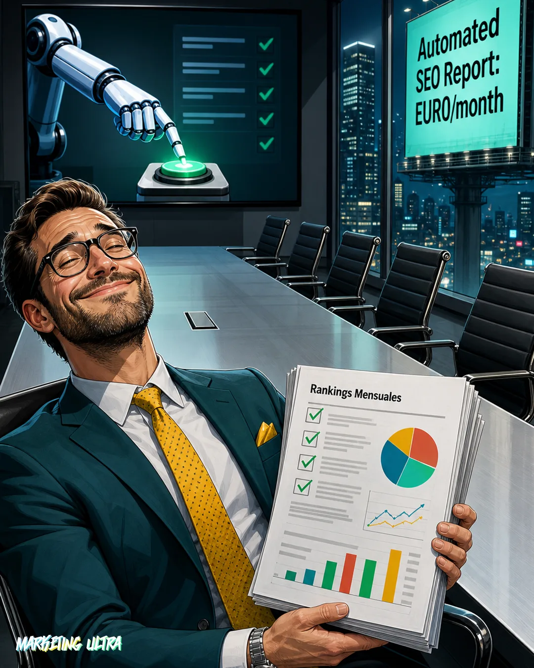 Consultor satisfecho mostrando un informe mensual de rankings en papel a una sala vacía, mientras un robot genera automáticamente el mismo informe en la pantalla detrás de él.