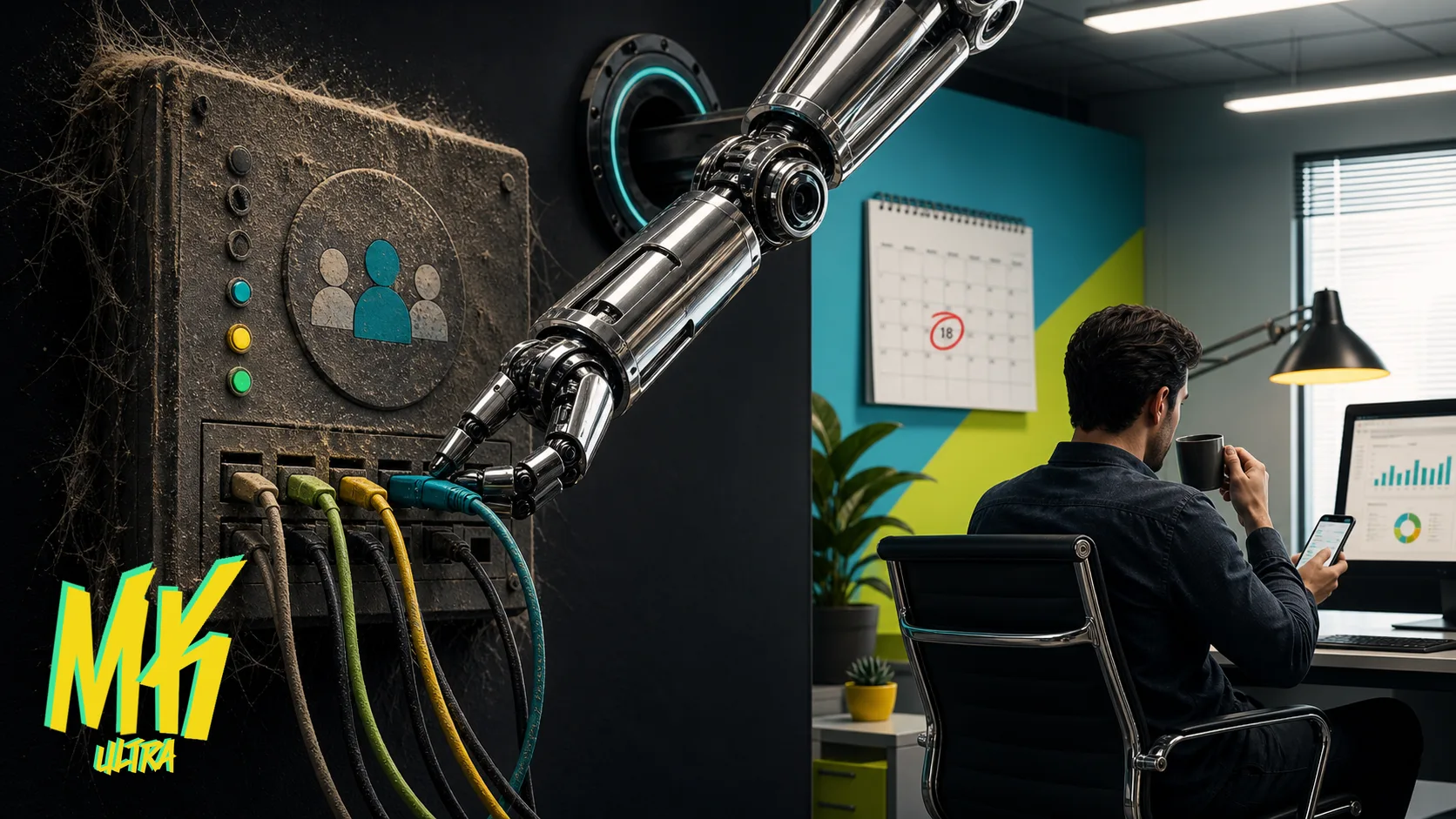 Brazo robótico de Google conectando cables en un panel de Customer Match cubierto de polvo, mientras el anunciante, de espaldas, bebe café ajeno a la automatización que ocurre a sus espaldas.