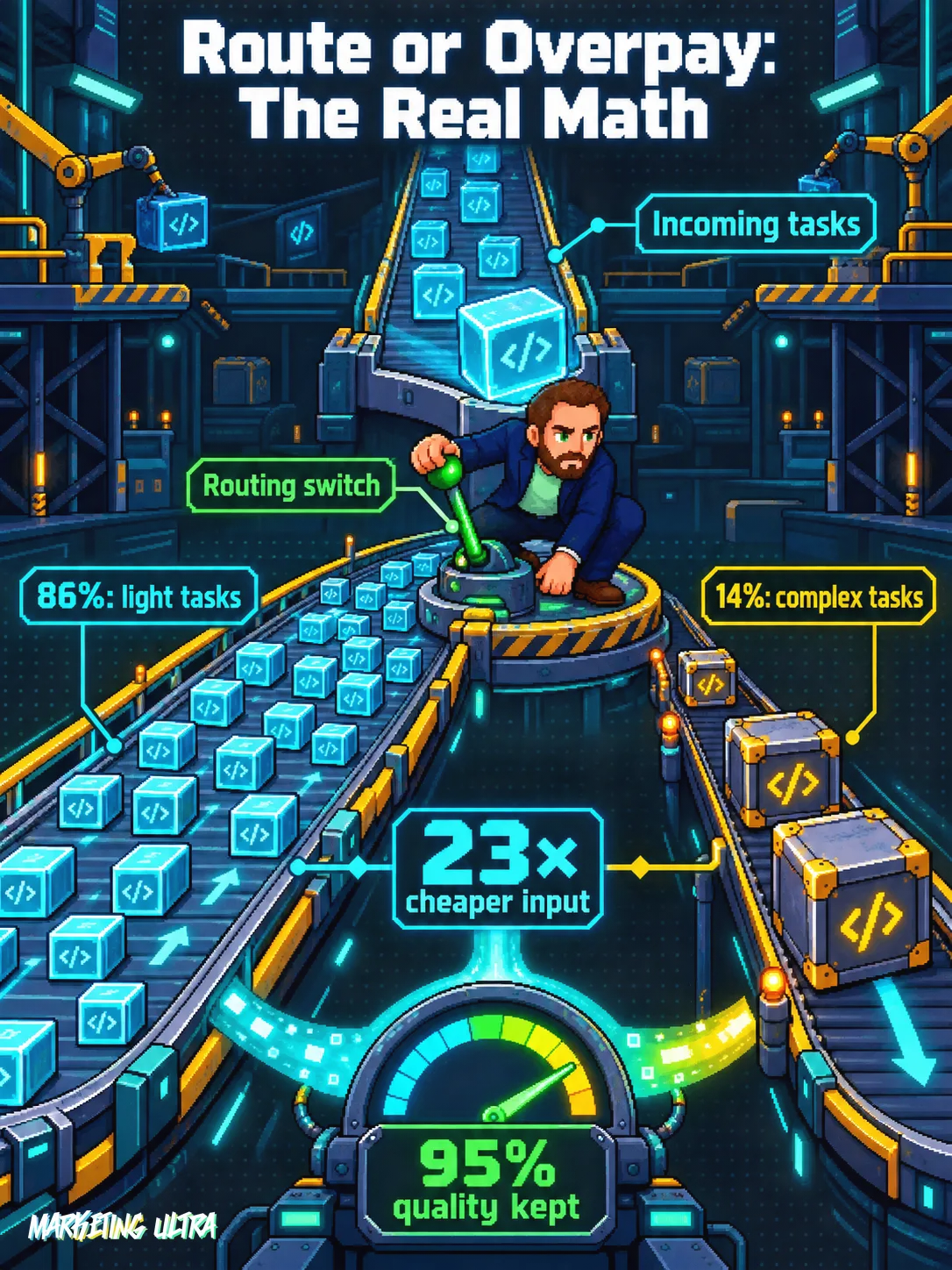 Routing diagram: mascot diverts 86% of tasks to the cheap model lane and 14% to the expensive frontier lane.