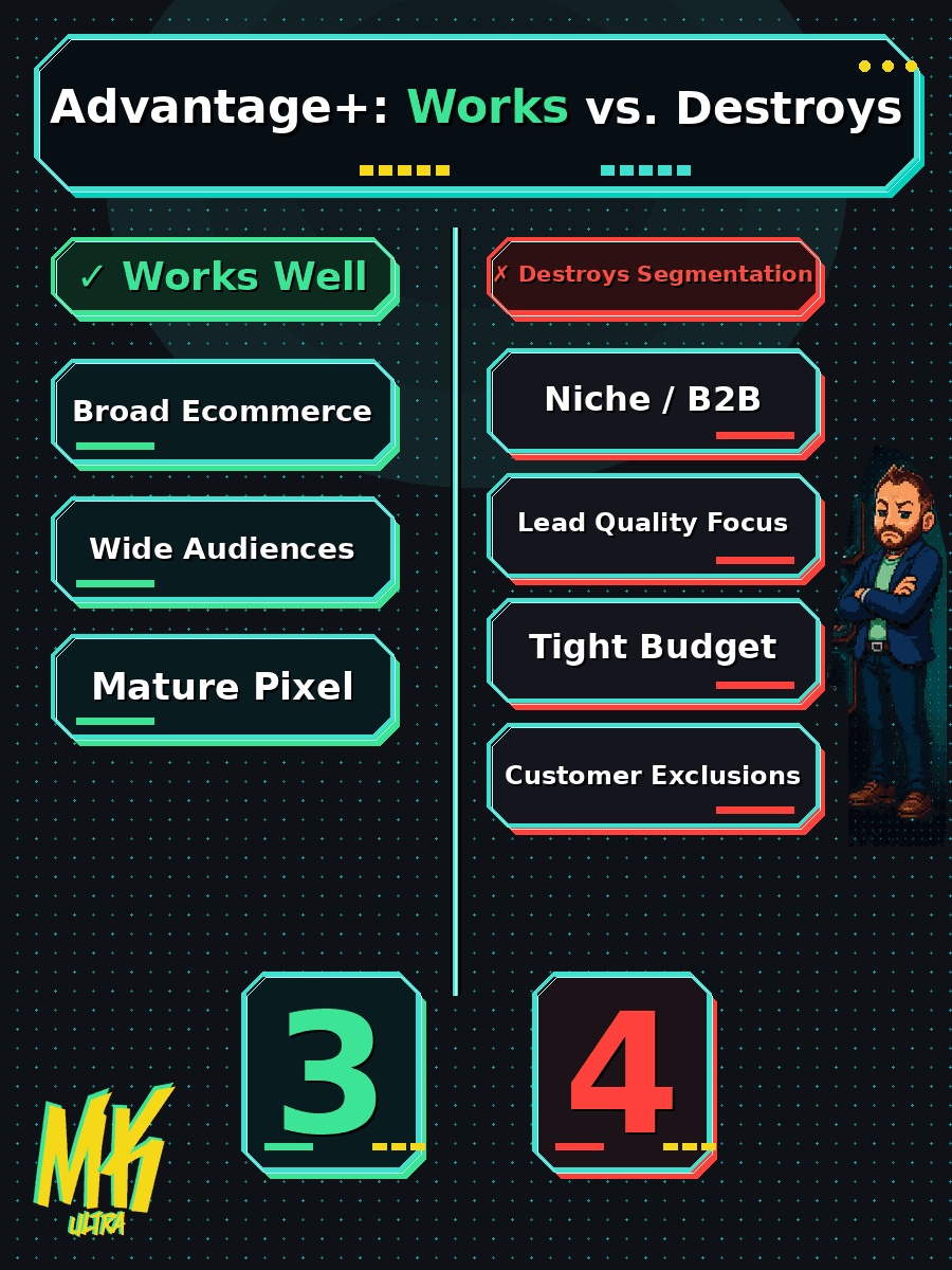Diagrama: When Advantage+ helps performance vs. when it destroys segmentation