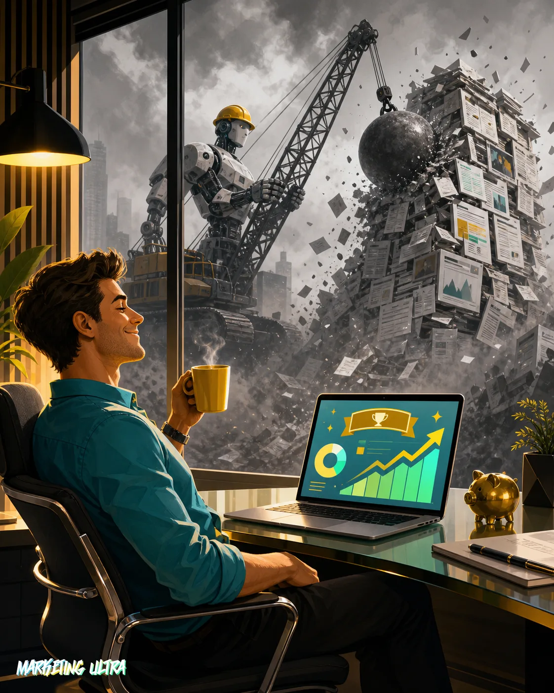 A suited blogger grins for a promo photo in front of a 'Six-Figure Blogger' banner while his organic traffic graph nosedives on the monitor behind him and a small AI robot stacks cloned posts on his desk, with a foreclosure notice taped to the door.
