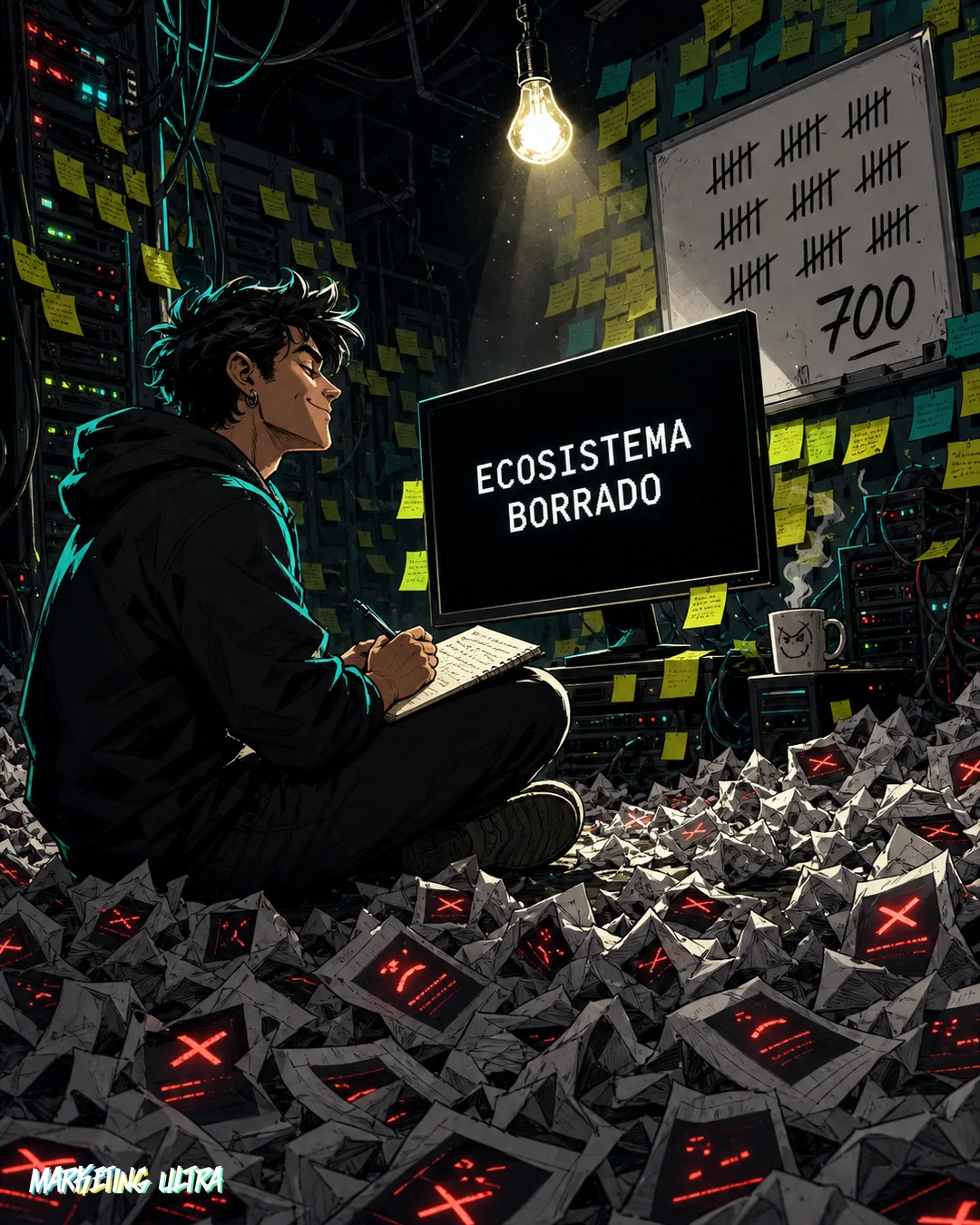 Editorial illustration of a developer surrounded by towering error-log printouts and a crash-screen laptop, wearing a handmade '700 Failures' certificate on their chest while an untouched $8,000 course binder collects dust on the floor.