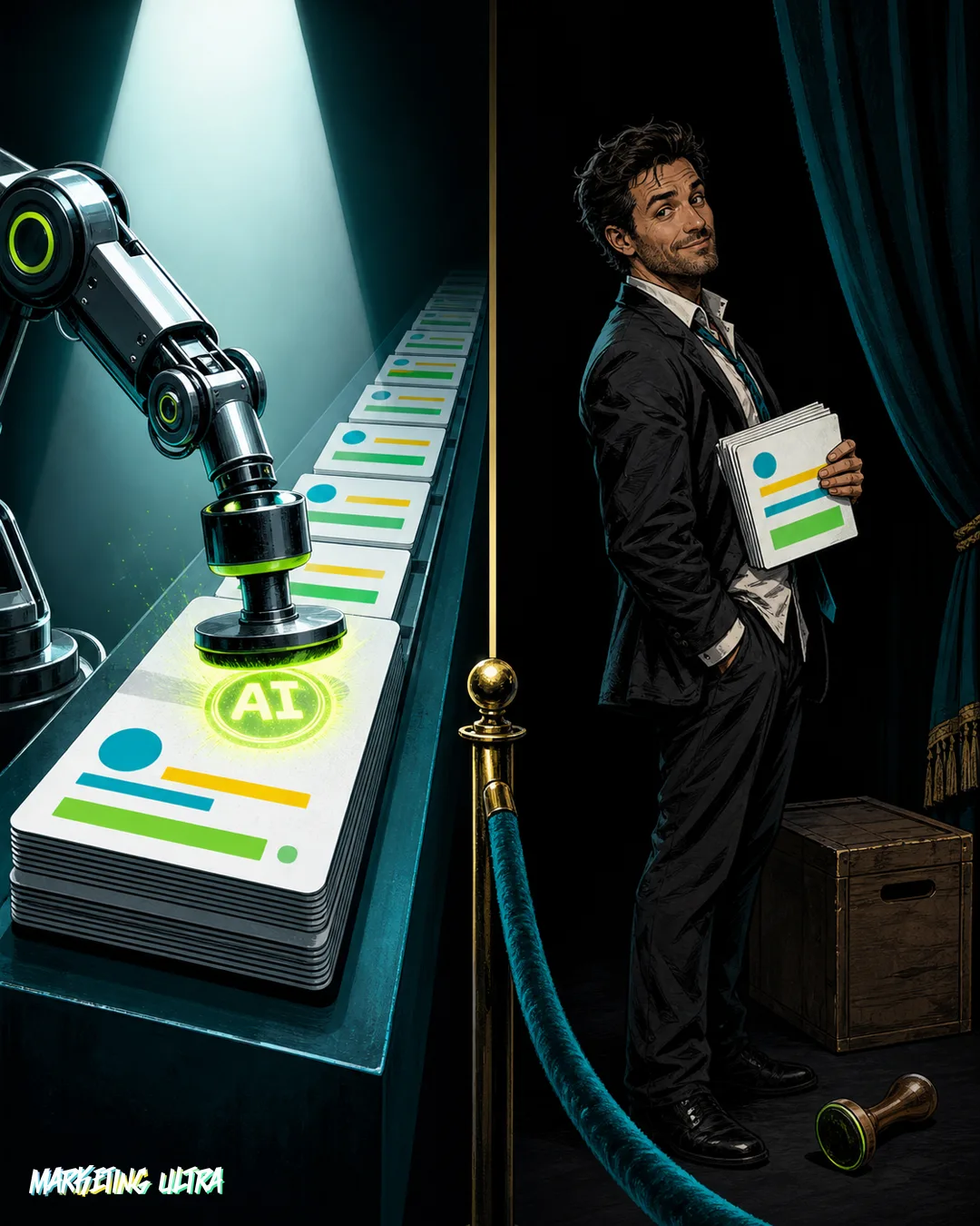 Editorial illustration: a lone, sheepish advertiser at a dusty 'AI self-disclosure' confession booth beside Google's gleaming automated conveyor belt stamping green approval labels on ads with no human involvement.