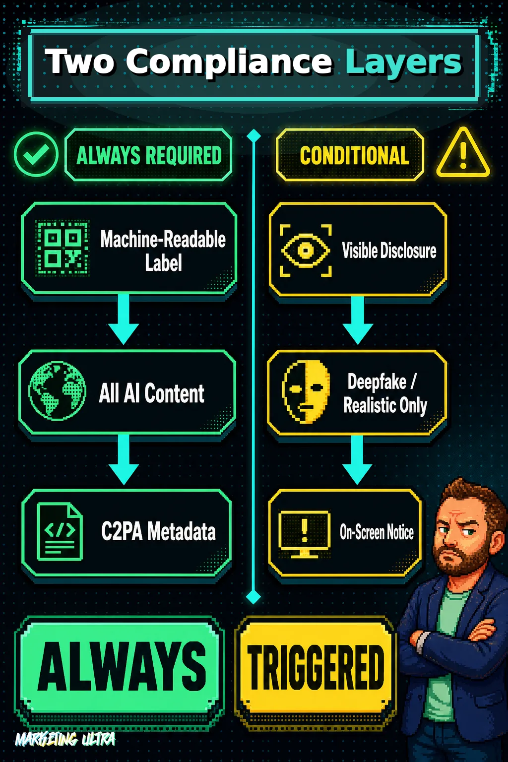 Two-column diagram comparing Article 50 compliance layers: machine-readable C2PA metadata mark always required for all AI content on the left, versus visible on-screen disclosure required only for deepfake or realistic-looking AI content on the right.