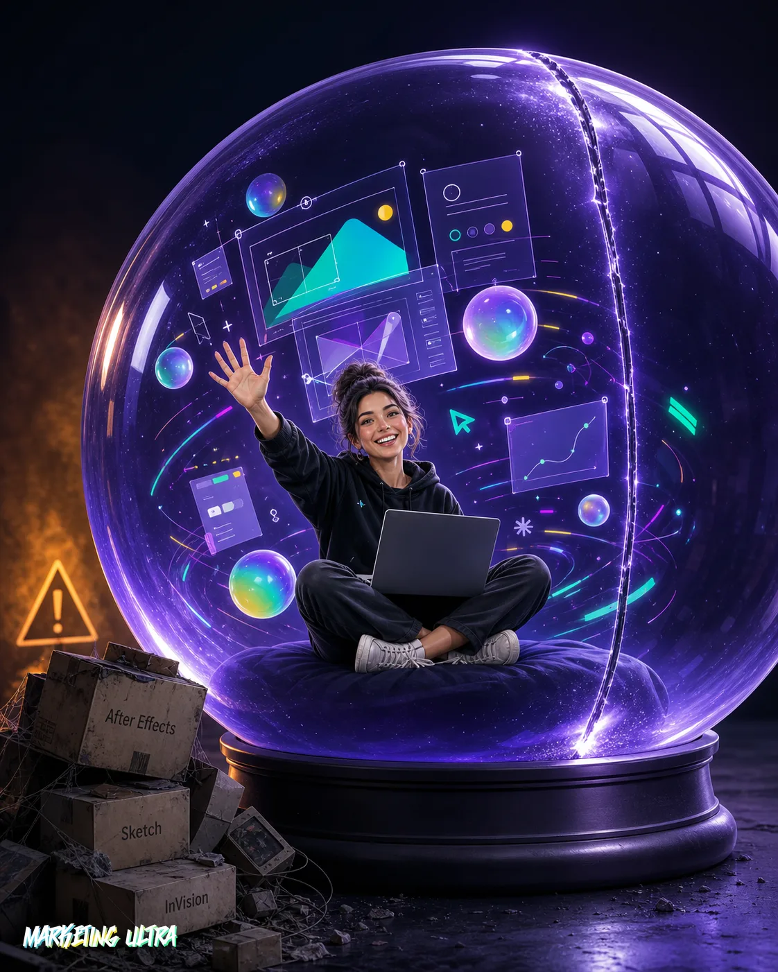 A content designer works happily at a glowing Figma setup surrounded by motion graphics, unaware their entire workspace is enclosed inside a giant Figma component frame slowly closing around them like a portcullis.