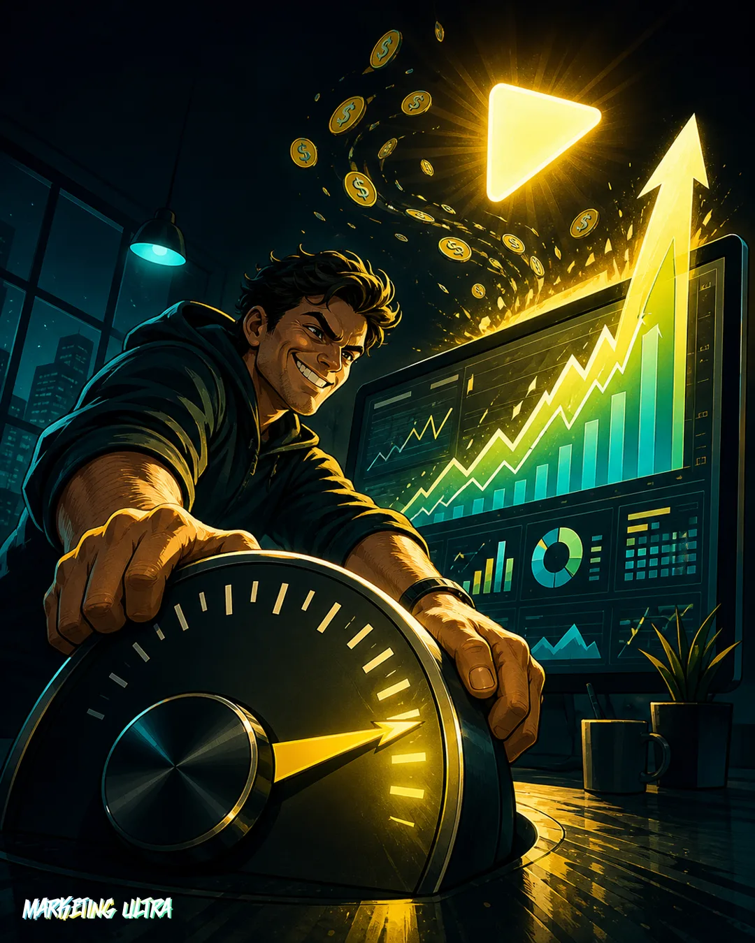 Ilustración editorial de un marketer girando un dial de ventana de atribución al máximo mientras sus métricas de conversión se disparan en pantalla y el logo de YouTube brilla y crece en el fondo, con luz dorada que simboliza el dinero fluyendo hacia Google.
