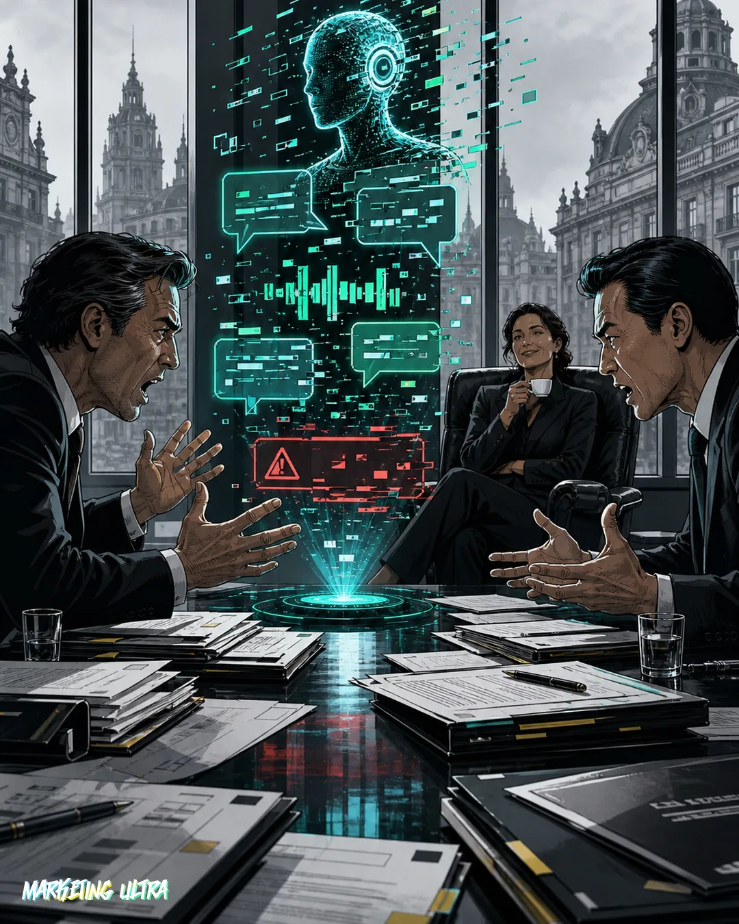 Two executives in a boardroom eye an AI speaker skeptically over an open contract, a fine-print disclaimer scroll coiled around its base; a composed human interpreter watches the whole scene from behind a glass partition with a faint amused smile.