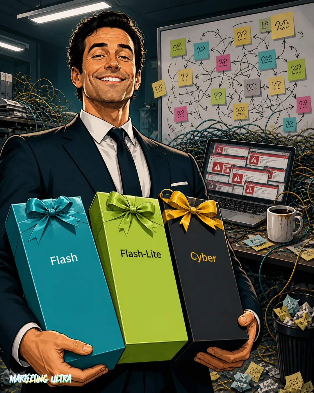 Ilustración editorial: profesional sonriente con tres cajas de modelos IA en manos mientras su escritorio muestra caos de cables, pantallas de error y un tablón de notas adhesivas imposibles de descifrar.