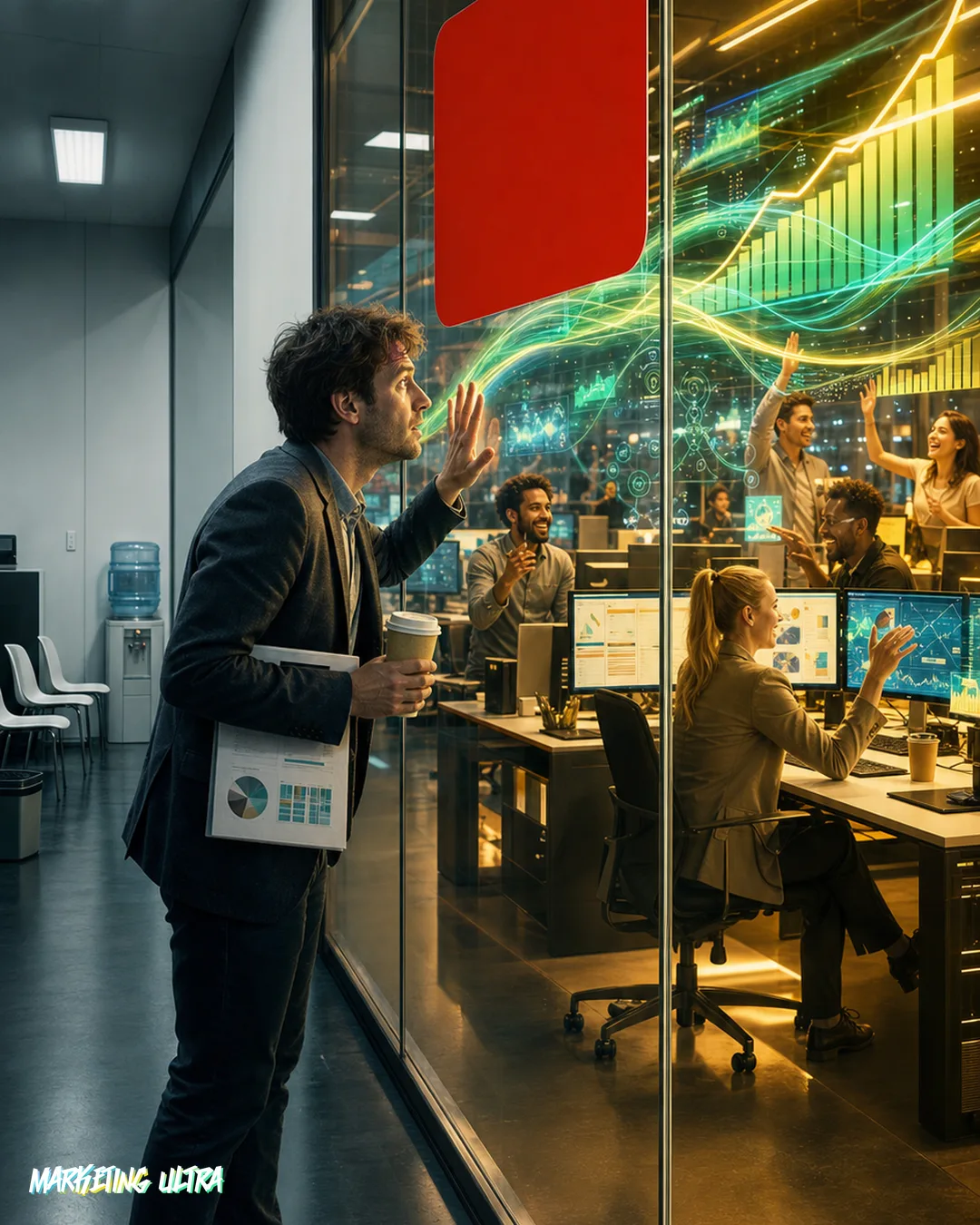 A marketing professional reaches for the keys of a gleaming race car labeled '25% COST · 1M CONTEXT,' while an oversized bureaucratic rubber stamp reading 'EU: NOT YET' descends mid-air to block their outstretched hand.