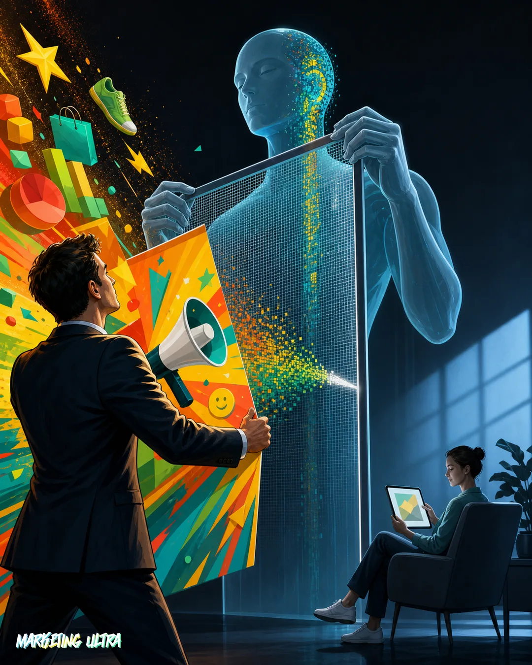 A glowing AI figure stands between a happy customer consulting a curated shortlist and a marketer's arm reaching through a half-open door, holding an advertisement nobody looks at.